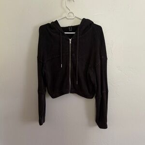 Black Hooded Zip-Up Cropped Hoodie